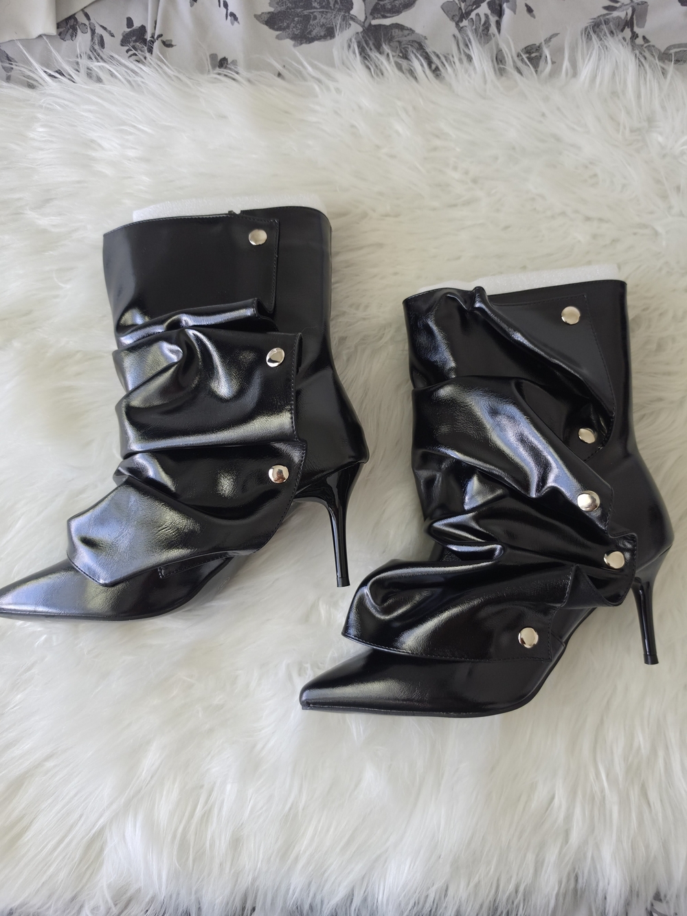 Women's Black Patent Slouch Stiletto Ankle Boots with Stud Detail